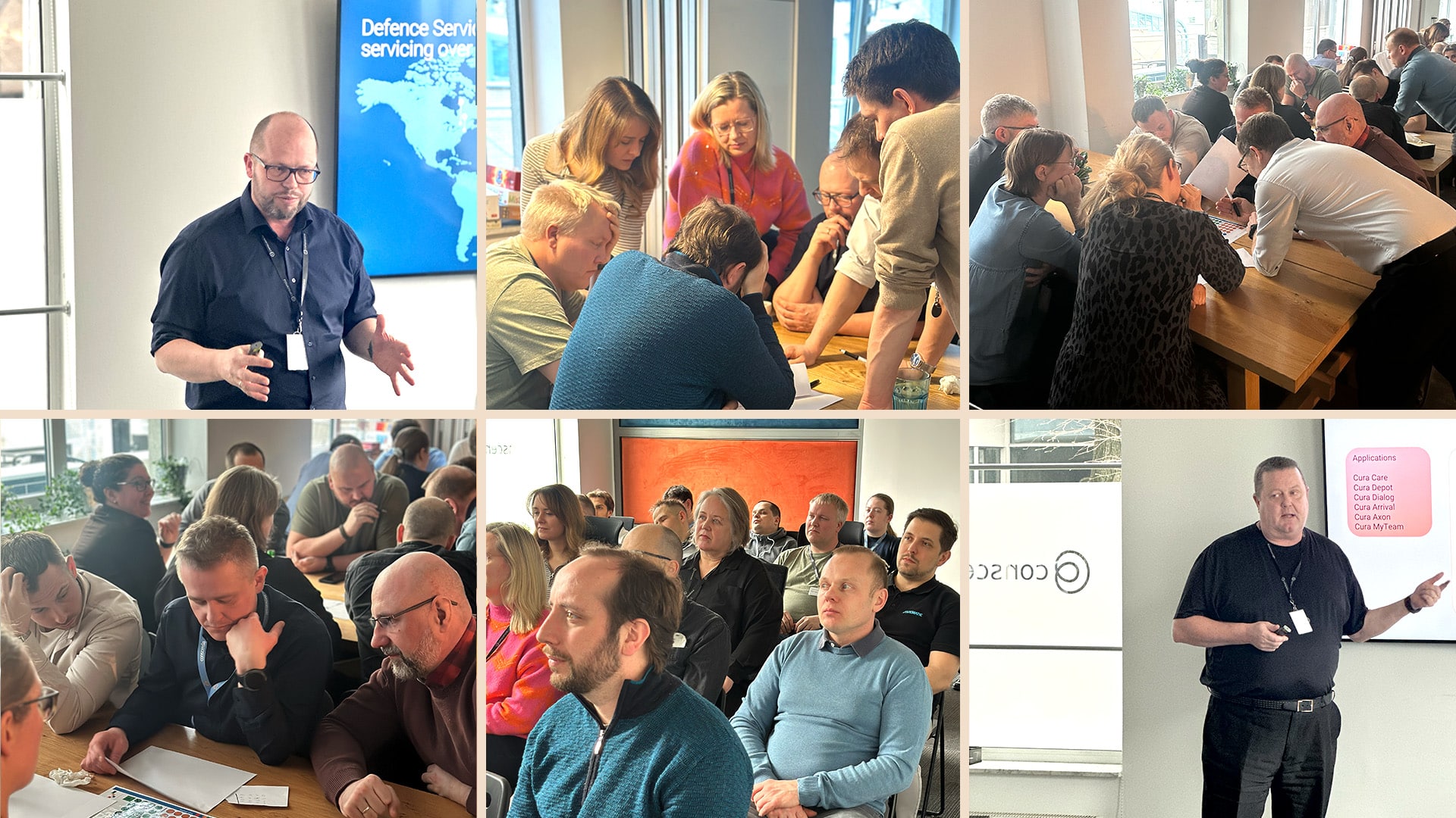Collage fra Systematic Day med præsentationer, workshops og engageret samarbejde mellem medarbejdere fra Systematic og Conscensia.