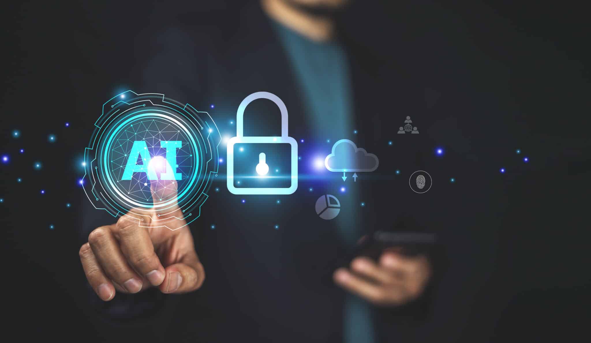 Digital interface with AI and cybersecurity icons indicating secure cloud systems
