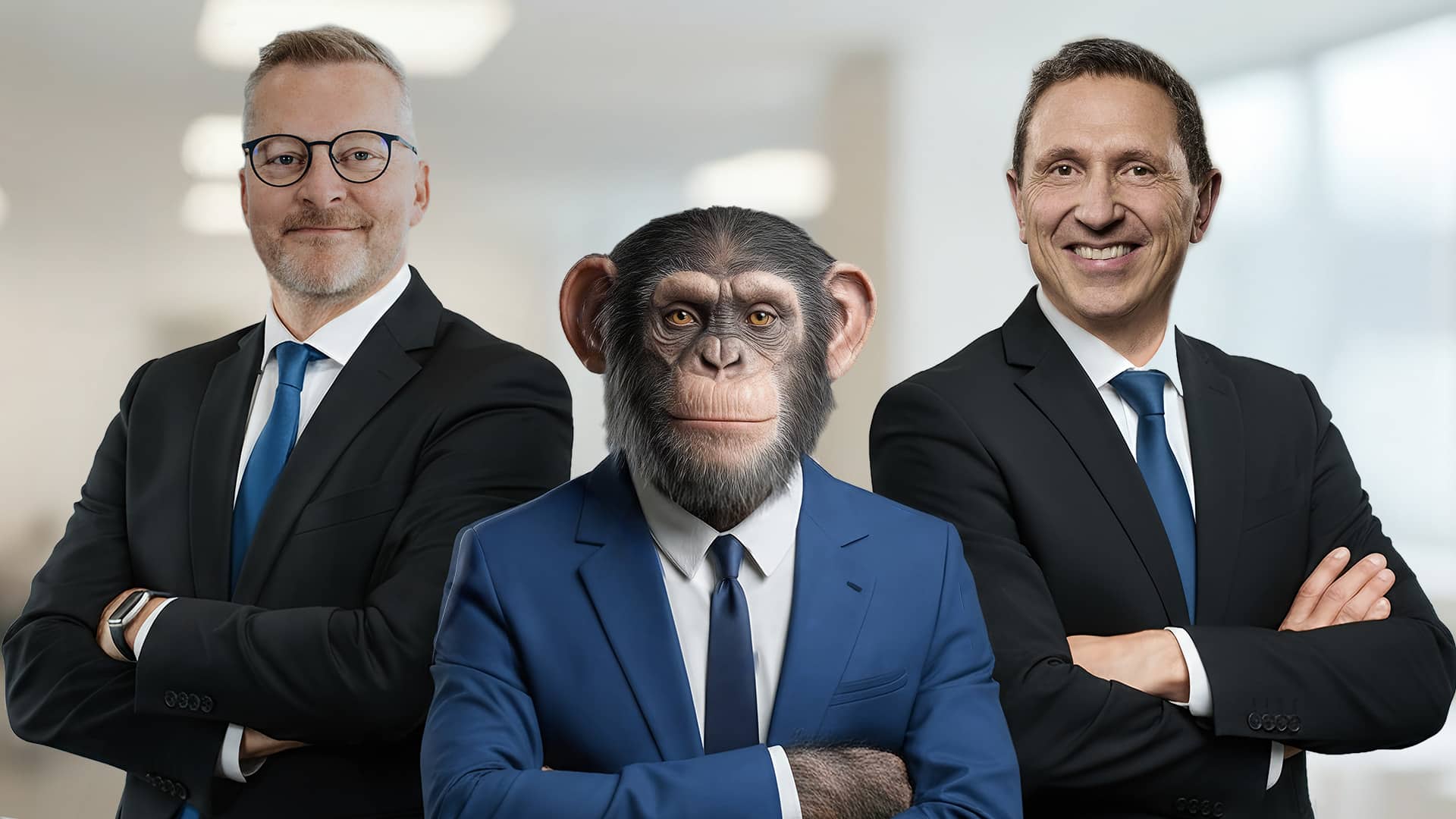 To forretningsfolk i jakkesæt med en chimpanse i midten i lyst kontormiljø – Conscensias Monkey First: test af AI-agenter i virkeligheden.